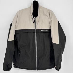 Champion Jacket Mens Large Black Beige Reversible Fleece Nylon Zip Up Coat